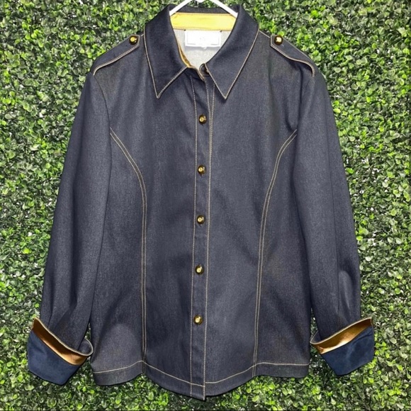 St John Sport Denim Jacket Suede Cuff Satin Trim Size Large Blue Navy - Picture 2 of 8